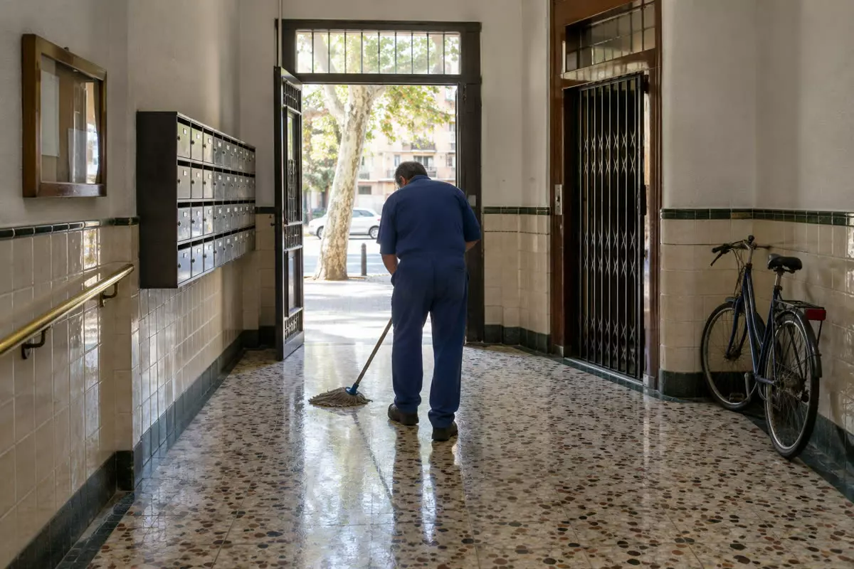 The tiled entrance hall of a Madrid apartment block, a caretaker in a blue overall mopping the terrazzo floor with his back to the camera at mid-distance, a row of metal mailboxes and a lift with a half-closed grille behind him, a bicycle leaning against the wall and the open front door showing a plane tree and a bright street (illustration)