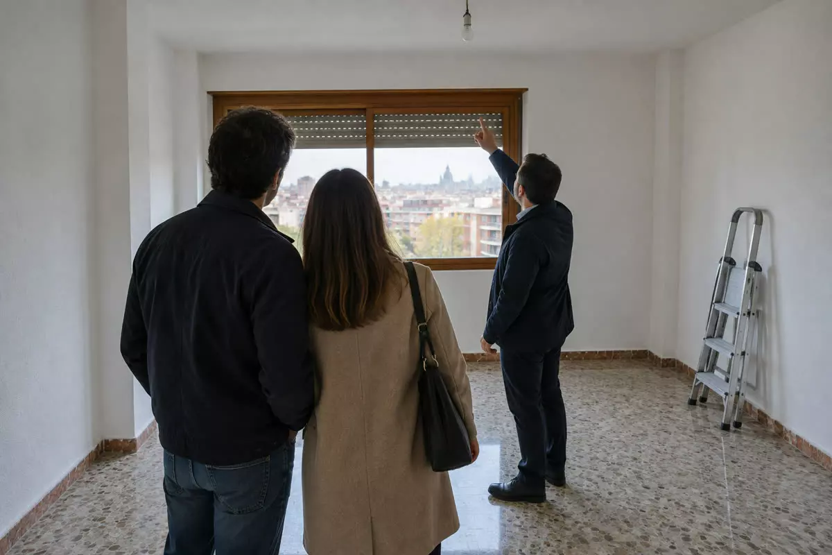 A couple standing with their backs to the camera in the living room of an empty Madrid flat during a viewing, an estate agent at mid-distance by the window pointing at the ceiling, bare white walls, a folded stepladder in the corner, a half-raised persiana and a terrazzo floor (illustration)