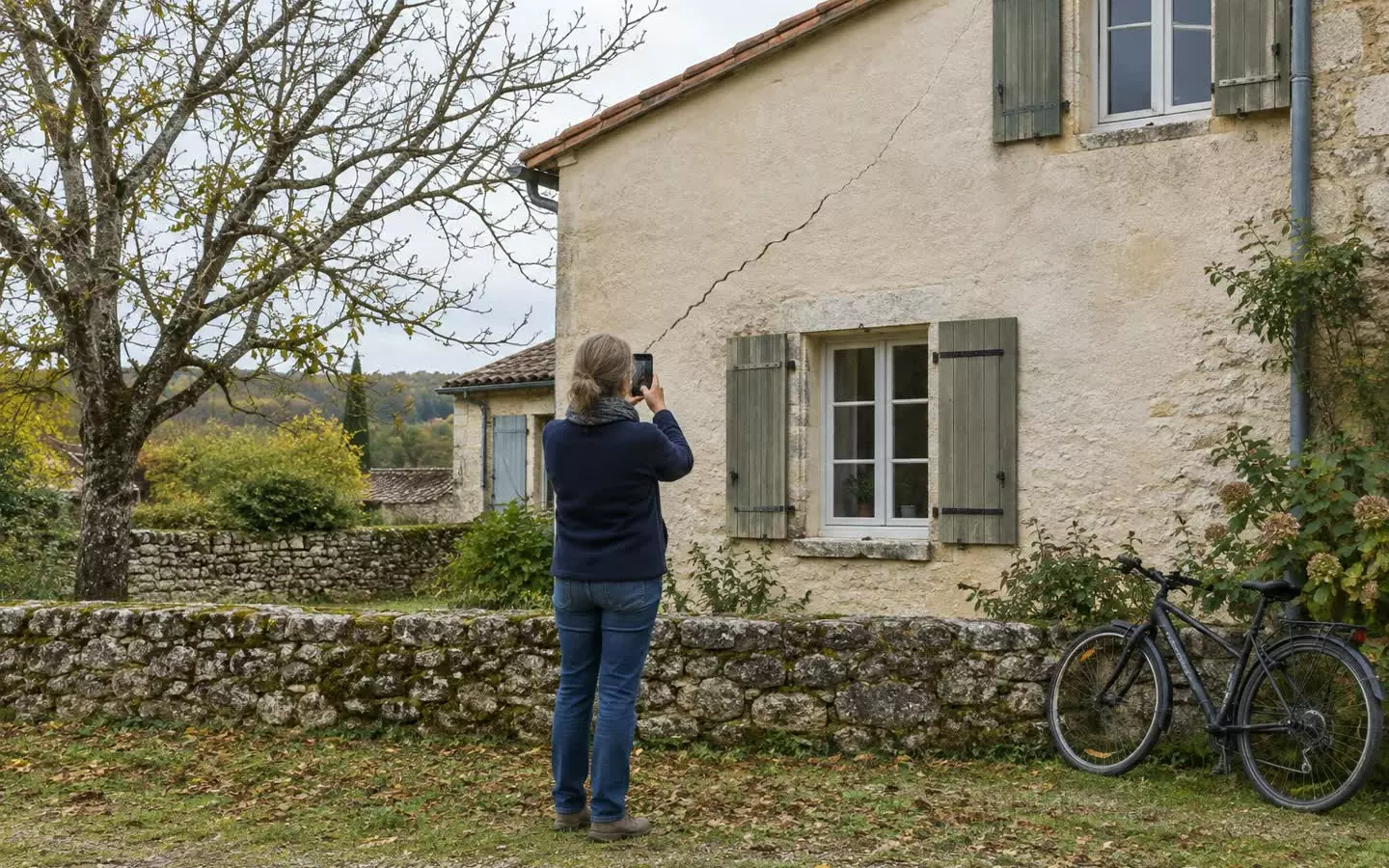 A woman in her fifties standing at the gable wall of a stone house in south-west France photographing a hairline crack with a smartphone held at chest height, her back three-quarters to the camera, a low stone wall and a bare walnut tree behind her, soft autumn daylight (illustration)
