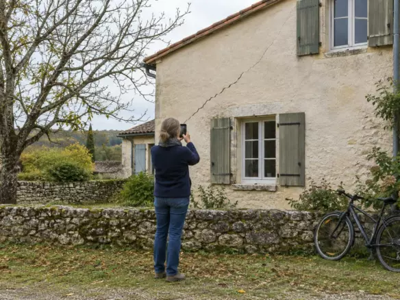 A woman in her fifties standing at the gable wall of a stone house in south-west France photographing a hairline crack with a smartphone held at chest height, her back three-quarters to the camera, a low stone wall and a bare walnut tree behind her, soft autumn daylight (illustration)