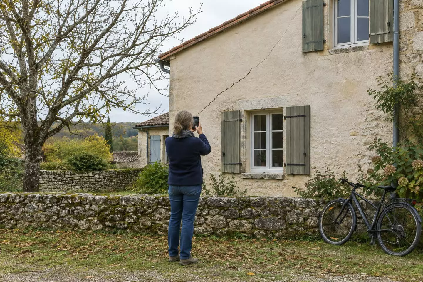 A woman in her fifties standing at the gable wall of a stone house in south-west France photographing a hairline crack with a smartphone held at chest height, her back three-quarters to the camera, a low stone wall and a bare walnut tree behind her, soft autumn daylight (illustration)