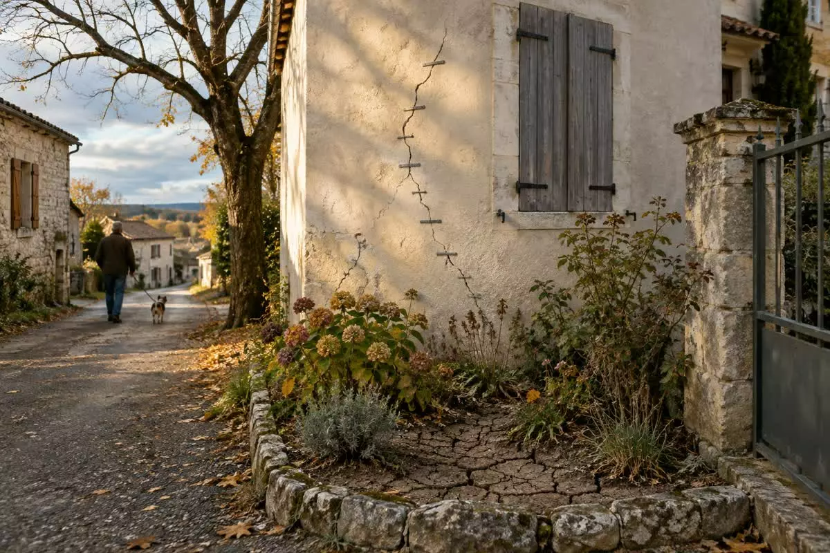 A narrow lane in a south-west French village in autumn, cracked dry earth in a flower bed at the foot of a rendered house wall with a stapled repaired crack above it, a bare walnut tree and a man walking away at mid-distance with a dog, dry ground and soft autumn light (illustration)