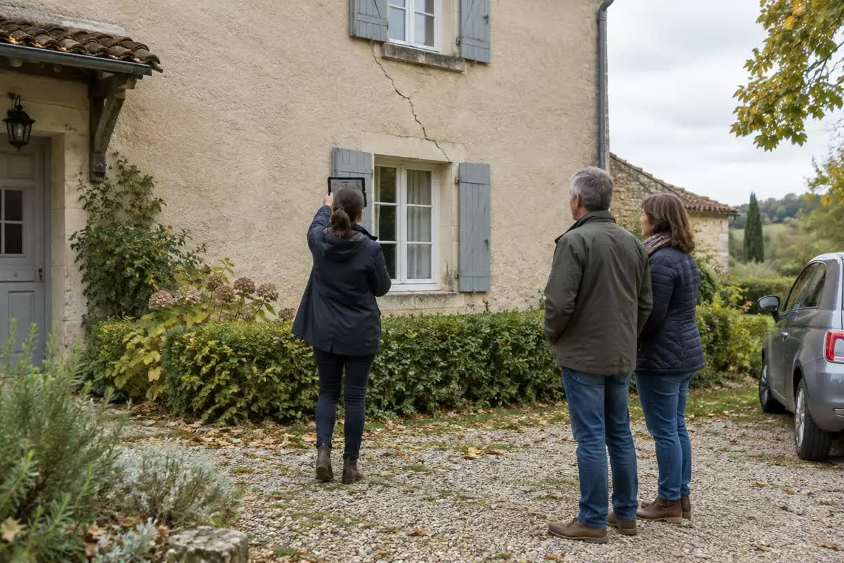 An estate agent in a rain jacket standing with her back to the camera in front of a rendered village house in the Dordogne, pointing a tablet at a diagonal crack above a ground-floor window while a couple stand at mid-distance looking on, a gravel drive and a low hedge in the foreground, mixed autumn light with soft sun and passing cloud (illustration)