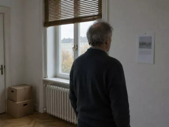 A man in his sixties seen three-quarters from behind at mid-distance in the living room of a rented Berlin Altbau flat, standing before a tall double window with a folded wooden roller blind and a white ribbed radiator below it, a printed notice pinned to the pale wall beside the window, soft grey autumn daylight (illustration)