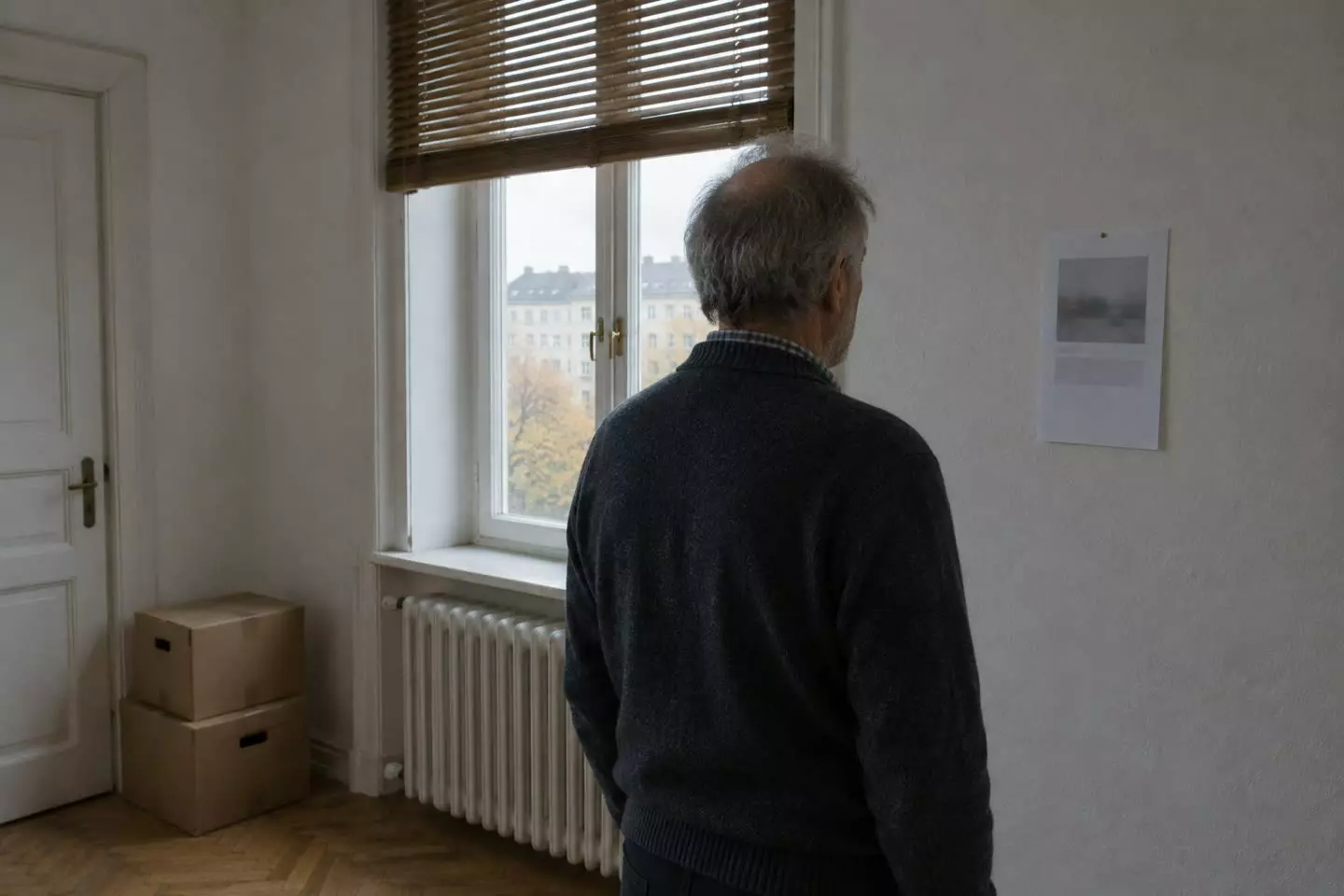 A man in his sixties seen three-quarters from behind at mid-distance in the living room of a rented Berlin Altbau flat, standing before a tall double window with a folded wooden roller blind and a white ribbed radiator below it, a printed notice pinned to the pale wall beside the window, soft grey autumn daylight (illustration)
