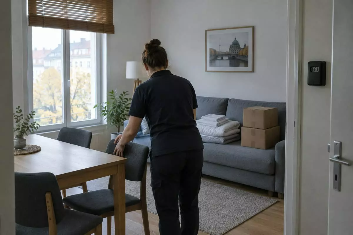 A cleaner in a dark polo shirt seen from behind at mid-distance in a furnished Berlin flat prepared for short lets, straightening a chair at a table while folded bed linen and two stacked cardboard boxes sit on a grey sofa, a small key safe on the wall beside the open door, pale autumn daylight through a tall window (illustration)