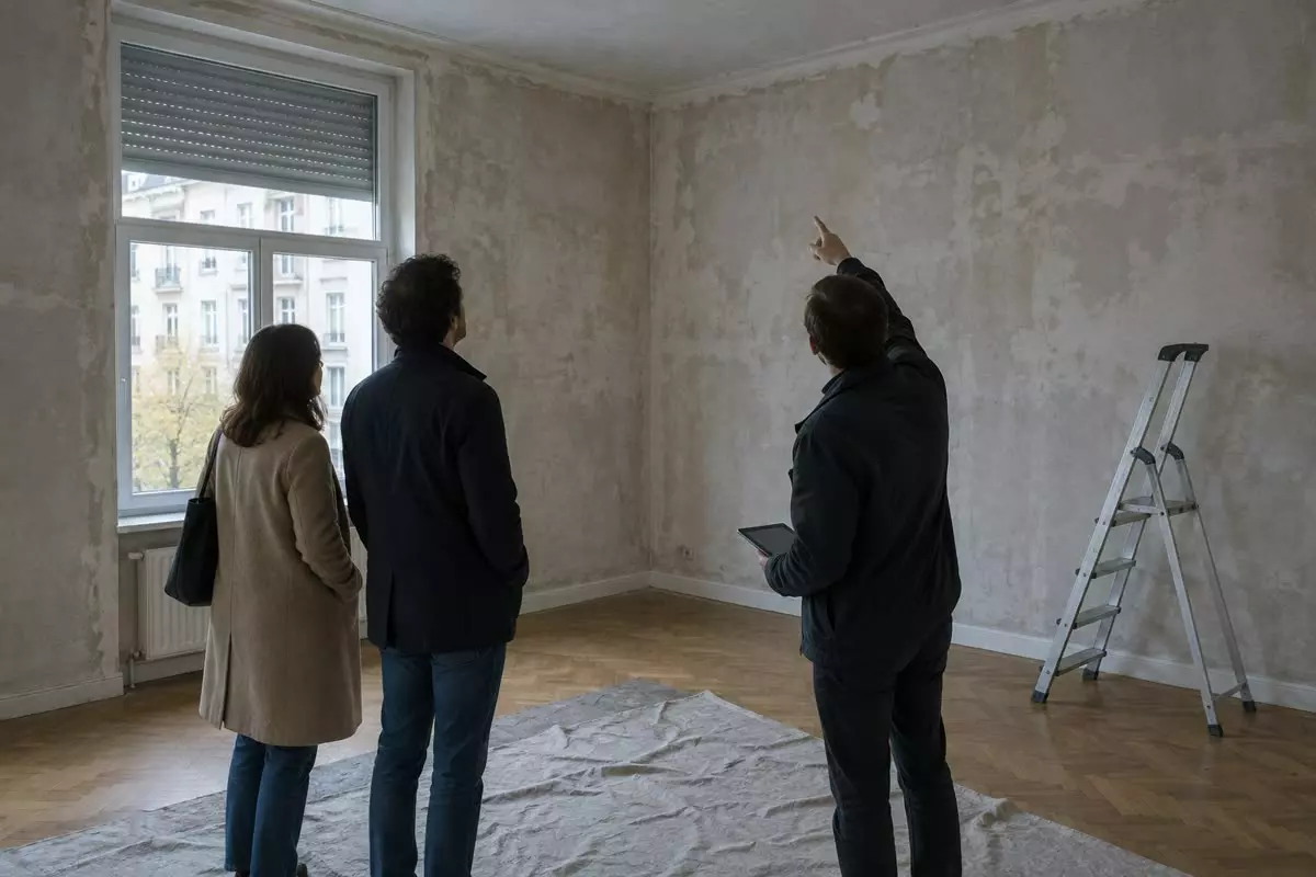An estate agent in a dark jacket seen from behind in an empty Berlin flat, holding a tablet at hip height and pointing at the ceiling while a couple stand at mid-distance looking at the room, bare walls, a folded stepladder in the corner and a half-lowered roller blind, cool autumn daylight through the window (illustration)
