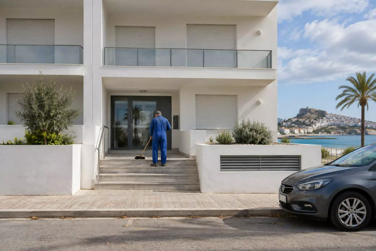 A caretaker in a blue overall sweeping the entrance steps of a newly finished white apartment block on the Spanish Mediterranean coast with his back to the camera at mid-distance, bare balconies with closed persianas above him, a low wall and a parked car at the kerb, bright mid-October morning light (illustration)