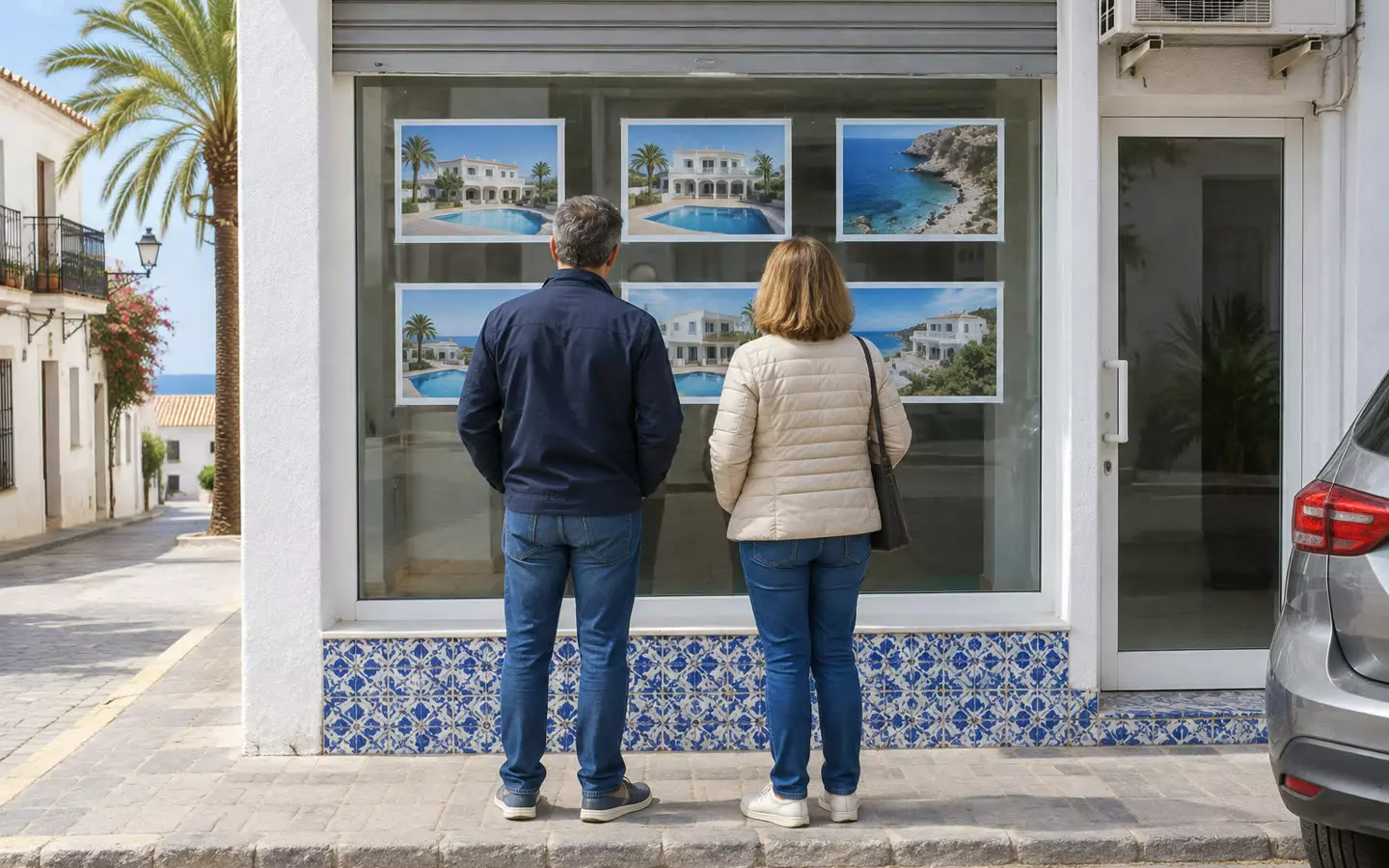 A couple in their fifties standing with their backs to the camera on the pavement outside a small coastal estate agency, looking at printed photographs of white villas taped inside the window, blue-and-white azulejo tiles below the glass and a narrow whitewashed street with a palm tree running down to the sea behind them, sunlit mid-October morning light (illustration)