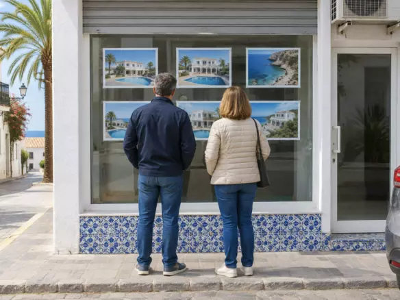 A couple in their fifties standing with their backs to the camera on the pavement outside a small coastal estate agency, looking at printed photographs of white villas taped inside the window, blue-and-white azulejo tiles below the glass and a narrow whitewashed street with a palm tree running down to the sea behind them, sunlit mid-October morning light (illustration)