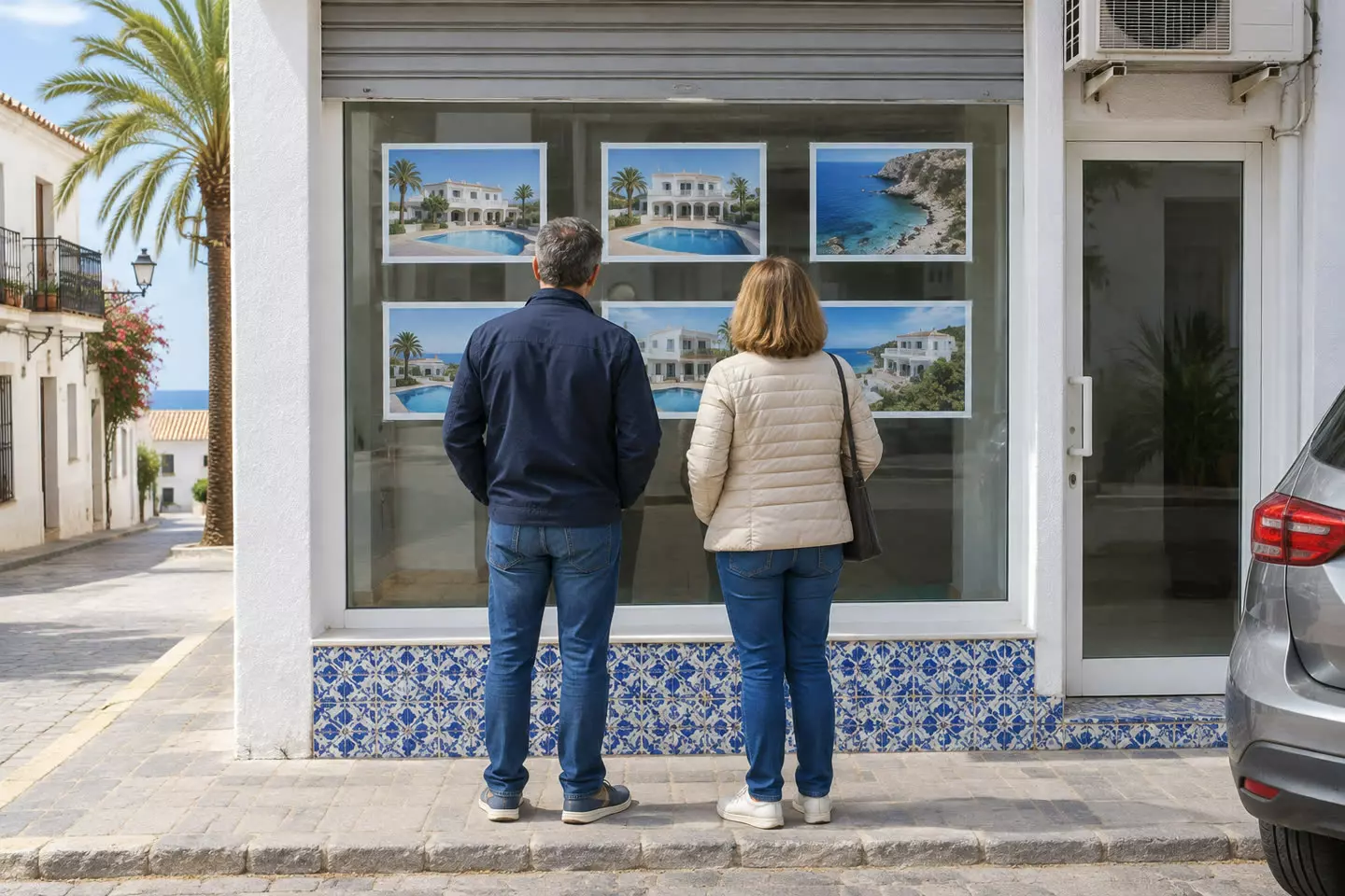 A couple in their fifties standing with their backs to the camera on the pavement outside a small coastal estate agency, looking at printed photographs of white villas taped inside the window, blue-and-white azulejo tiles below the glass and a narrow whitewashed street with a palm tree running down to the sea behind them, sunlit mid-October morning light (illustration)