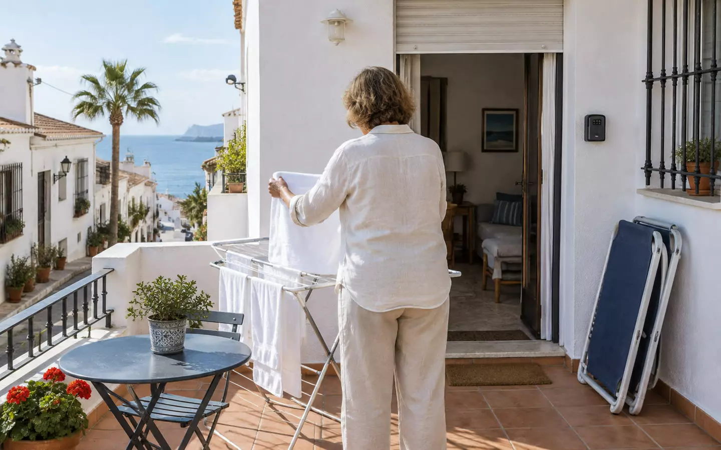 A woman in her fifties in a light linen shirt and trousers standing with her back to the camera at mid-distance on the terrace of a small whitewashed holiday apartment on the Spanish Mediterranean coast, hanging white laundry on a metal drying rack, an open sliding glass door behind her with the persiana rolled up and a small intercom on the wall, two folded sun loungers against the wall and a terracotta pot of red geraniums, a narrow street of whitewashed houses with terracotta roofs and a palm tree running down to the blue sea beyond, bright mild mid-October light (illustration)
