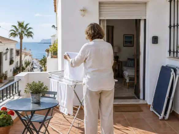 A woman in her fifties in a light linen shirt and trousers standing with her back to the camera at mid-distance on the terrace of a small whitewashed holiday apartment on the Spanish Mediterranean coast, hanging white laundry on a metal drying rack, an open sliding glass door behind her with the persiana rolled up and a small intercom on the wall, two folded sun loungers against the wall and a terracotta pot of red geraniums, a narrow street of whitewashed houses with terracotta roofs and a palm tree running down to the blue sea beyond, bright mild mid-October light (illustration)