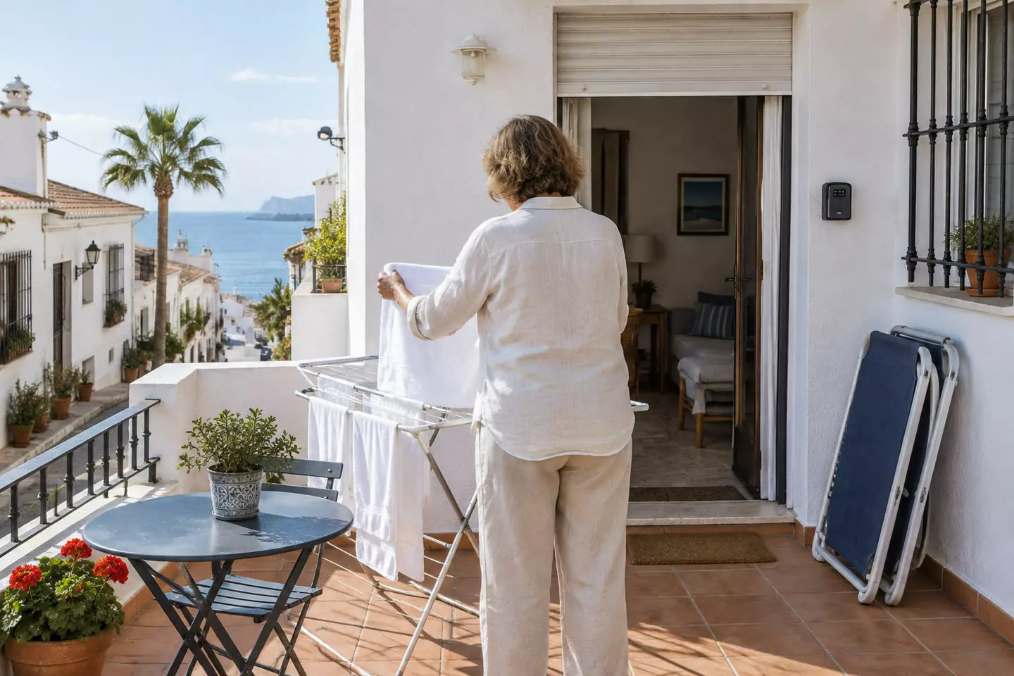 A woman in her fifties in a light linen shirt and trousers standing with her back to the camera at mid-distance on the terrace of a small whitewashed holiday apartment on the Spanish Mediterranean coast, hanging white laundry on a metal drying rack, an open sliding glass door behind her with the persiana rolled up and a small intercom on the wall, two folded sun loungers against the wall and a terracotta pot of red geraniums, a narrow street of whitewashed houses with terracotta roofs and a palm tree running down to the blue sea beyond, bright mild mid-October light (illustration)