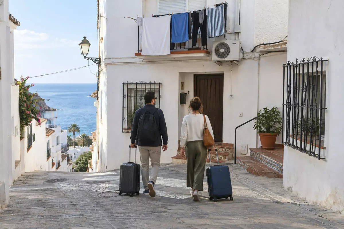 Two guests with wheeled suitcases walking away from the camera at mid-distance along a narrow cobbled street between whitewashed buildings on the Spanish Mediterranean coast, laundry hanging on a balcony above them, a split air-conditioning unit on the wall and tiled steps beside a dark wooden door, the street sloping down towards the blue sea, mild mid-October morning light (illustration)