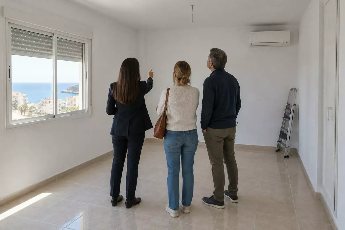 An estate agent in a dark jacket standing with her back to the camera at mid-distance inside an empty white-walled apartment, showing the room to a couple who stand beside her looking towards the window, beige tiled floors, a split air-conditioning unit and a bare ceiling light, a stepladder leaning against the wall and a Mediterranean sea view through the window, soft daylight (illustration)
