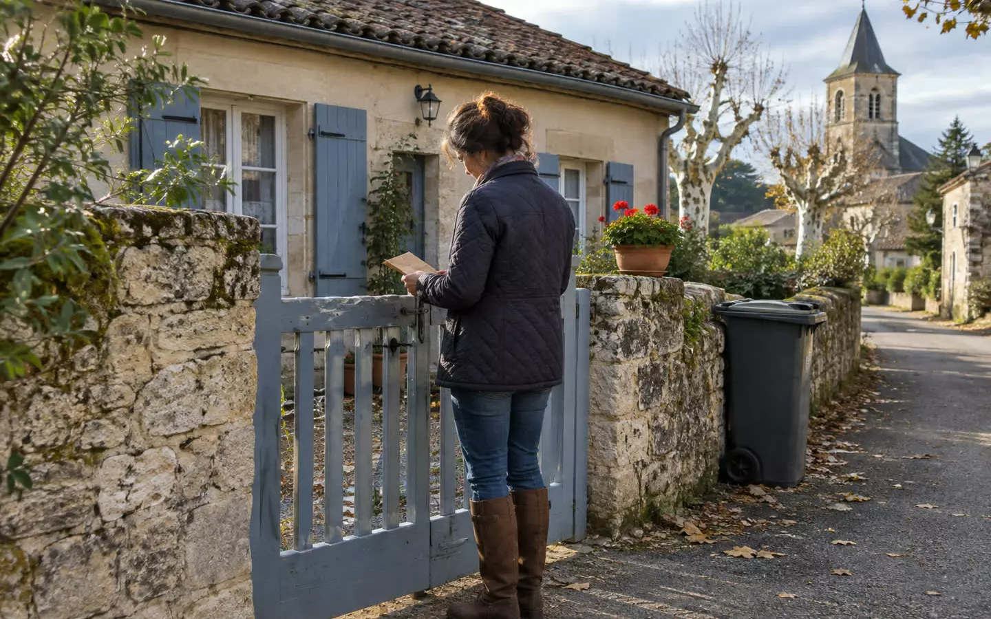 A woman in her forties in a quilted jacket and boots standing with her back to the camera at the gate of a small stone village house in rural France, reading a folded brown envelope held at hip height, a tiled roof and pale render with blue-grey shutters behind her, a wheelie bin and a pot of geraniums by the low stone wall, bare plane trees and a church tower further down the lane, soft mid-October morning light (illustration)