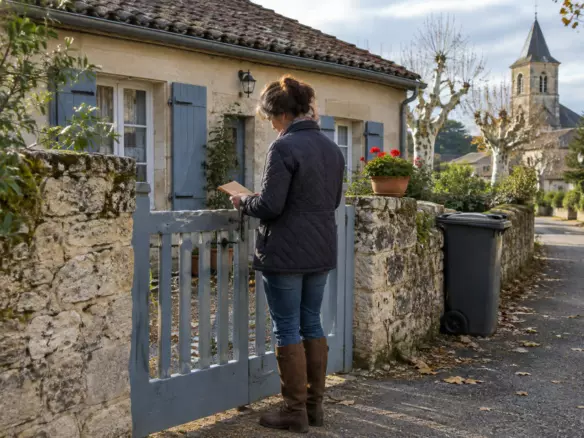A woman in her forties in a quilted jacket and boots standing with her back to the camera at the gate of a small stone village house in rural France, reading a folded brown envelope held at hip height, a tiled roof and pale render with blue-grey shutters behind her, a wheelie bin and a pot of geraniums by the low stone wall, bare plane trees and a church tower further down the lane, soft mid-October morning light (illustration)