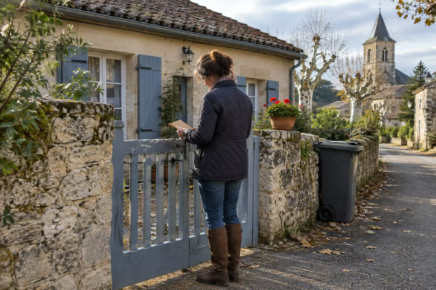 A woman in her forties in a quilted jacket and boots standing with her back to the camera at the gate of a small stone village house in rural France, reading a folded brown envelope held at hip height, a tiled roof and pale render with blue-grey shutters behind her, a wheelie bin and a pot of geraniums by the low stone wall, bare plane trees and a church tower further down the lane, soft mid-October morning light (illustration)