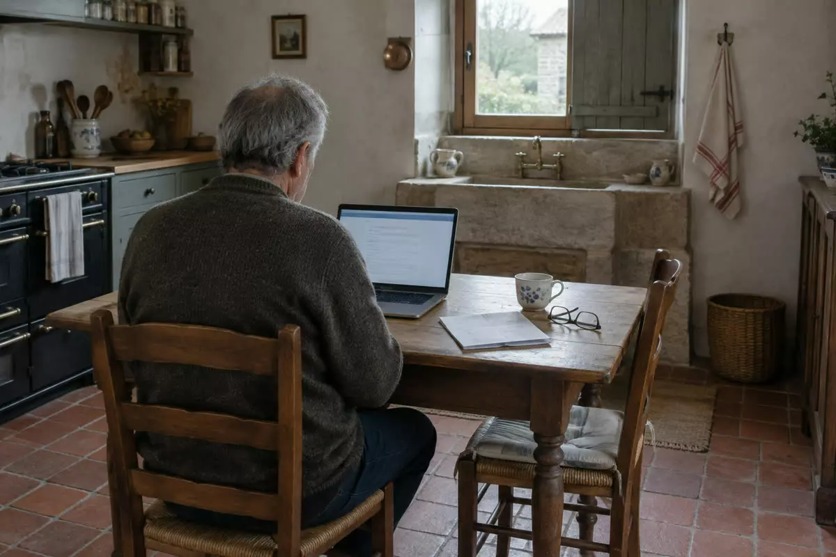 A man in his sixties in a wool sweater sitting at a small kitchen table in a French country house, seen from behind and slightly to the side with his hands below the table edge, a laptop open in front of him showing an unreadable form, a paper tax notice and a pair of reading glasses on the table beside a coffee cup, a terracotta tiled floor and a window with a half-open shutter above the sink, flat grey mid-October daylight (illustration)