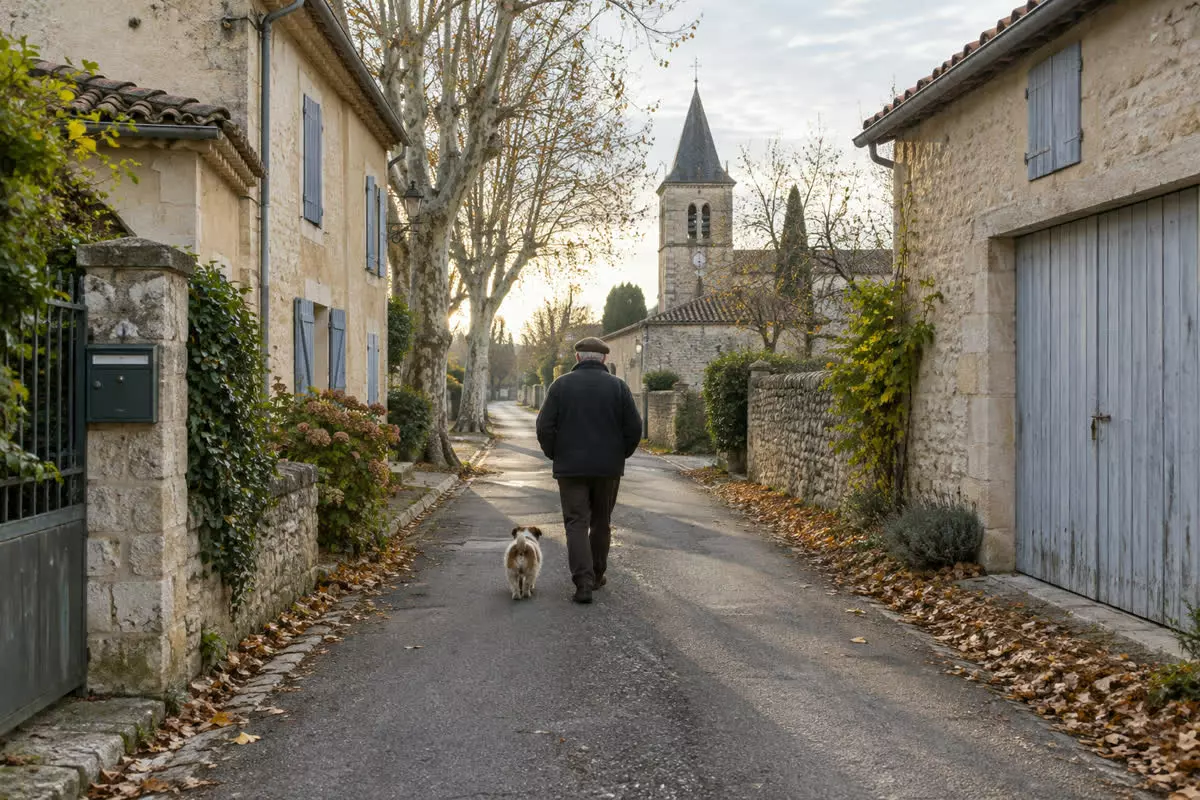 An older man in a dark fleece and flat cap walking a small dog away from the camera along the middle of a narrow lane in a French village of a few hundred people, past low stone houses with pale render and blue-grey shutters and a plank barn door, dry leaves banked in the gutter and a metal letterbox on a gate post, bare plane trees and a church tower at the end of the lane, soft mid-October morning light (illustration)