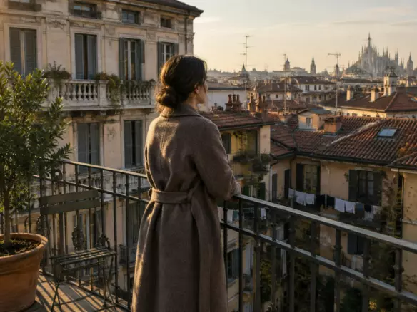 A woman in her thirties in a wool coat standing with her back three-quarters to the camera at the iron railing of a small rooftop terrace in Milan, looking out over a dense field of terracotta-tiled roofs, chimney pots, television antennas and a courtyard with washing lines below, a terracotta pot with a bay tree and a folded metal chair beside her, a 1930s Milanese apartment block with tall shuttered windows behind, warm low mid-October sun (illustration)