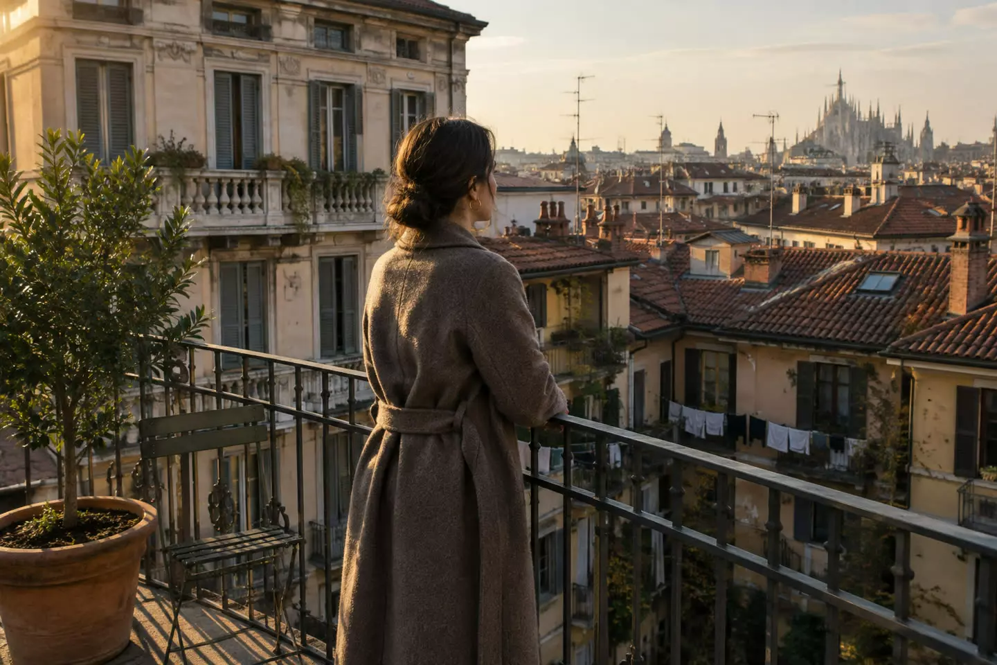 A woman in her thirties in a wool coat standing with her back three-quarters to the camera at the iron railing of a small rooftop terrace in Milan, looking out over a dense field of terracotta-tiled roofs, chimney pots, television antennas and a courtyard with washing lines below, a terracotta pot with a bay tree and a folded metal chair beside her, a 1930s Milanese apartment block with tall shuttered windows behind, warm low mid-October sun (illustration)