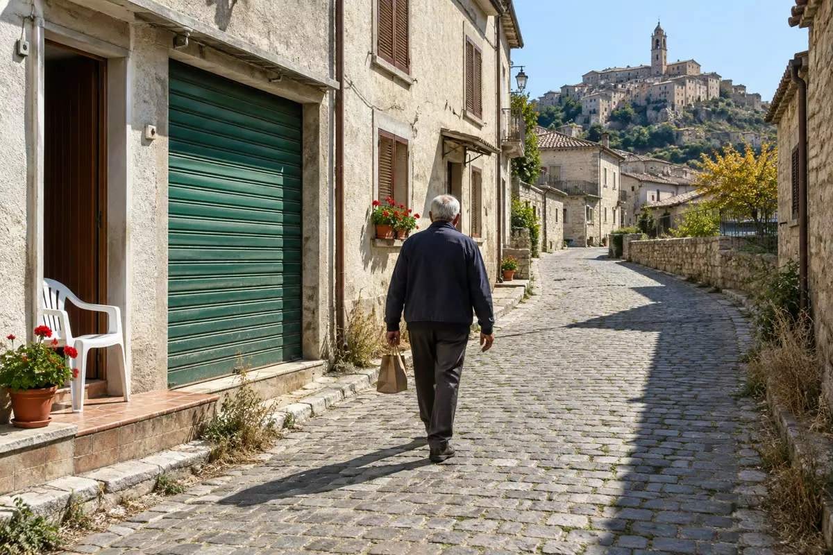 A man in his seventies in a dark zip-up jacket walking away from the camera up a sloping cobbled street in a small southern Italian hill town, a paper shopping bag in one hand, past a shuttered ground-floor workshop with a green metal roller door and a white plastic chair left outside a doorway, pale stone houses with wooden shutters, potted red geraniums and dry weeds in the gutter, a hilltop village with a bell tower on the horizon, clear dry mid-October light (illustration)