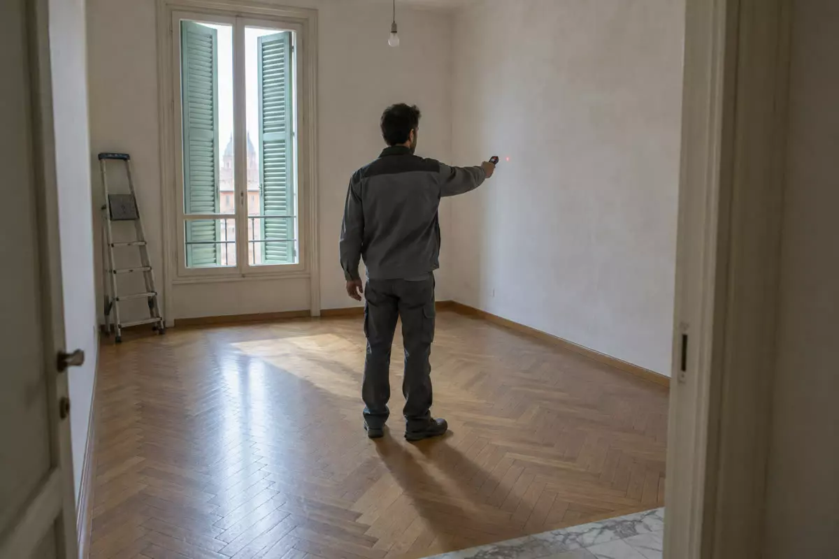 A technician in a grey work jacket standing with his back three-quarters to the camera at mid-distance in the middle of an empty Italian apartment, holding a laser distance meter at chest height against the far plaster wall, herringbone parquet floor, a tall window with louvered shutters and daylight behind it, a folded stepladder against the wall and a bare pendant bulb, soft mid-October morning light (illustration)