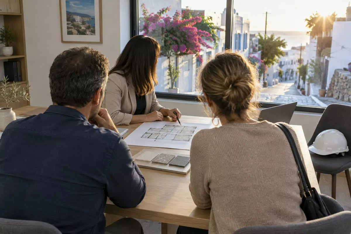 Two buyers seen from behind at mid-distance across a table from an agent in a bright Cyprus property office, a floor plan and a tile sample board between them, a laptop turned away from the camera, a window onto a whitewashed street with autumn sunlight (illustration)
