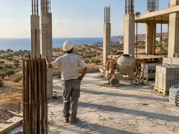 A site foreman in a hard hat seen from behind at mid-distance on a half-built concrete apartment frame in Cyprus, looking up at a column of steel reinforcement, a cement mixer and stacked blocks behind him, dry autumn hills and a strip of sea in the distance (illustration)
