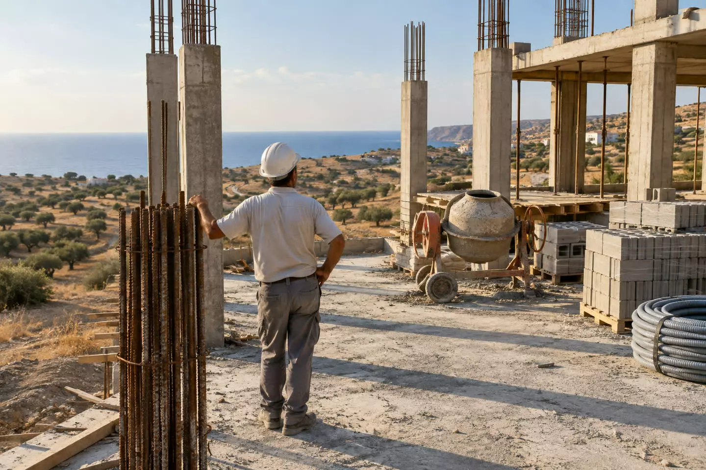 A site foreman in a hard hat seen from behind at mid-distance on a half-built concrete apartment frame in Cyprus, looking up at a column of steel reinforcement, a cement mixer and stacked blocks behind him, dry autumn hills and a strip of sea in the distance (illustration)