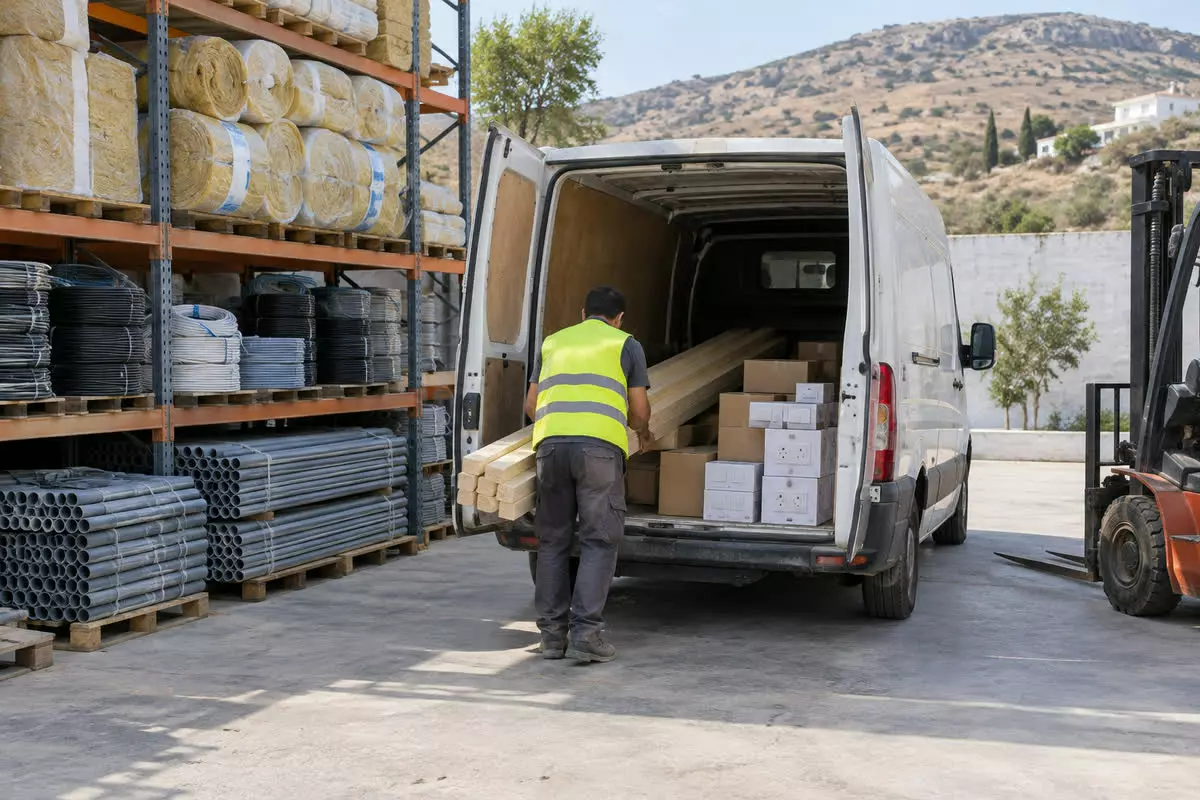 A builder's merchant yard in Cyprus in autumn light, a worker in a high-visibility vest at mid-distance loading lengths of timber and boxes of electrical fittings into a white van, stacked insulation boards and coils of cable on steel shelving behind him, no readable signage (illustration)