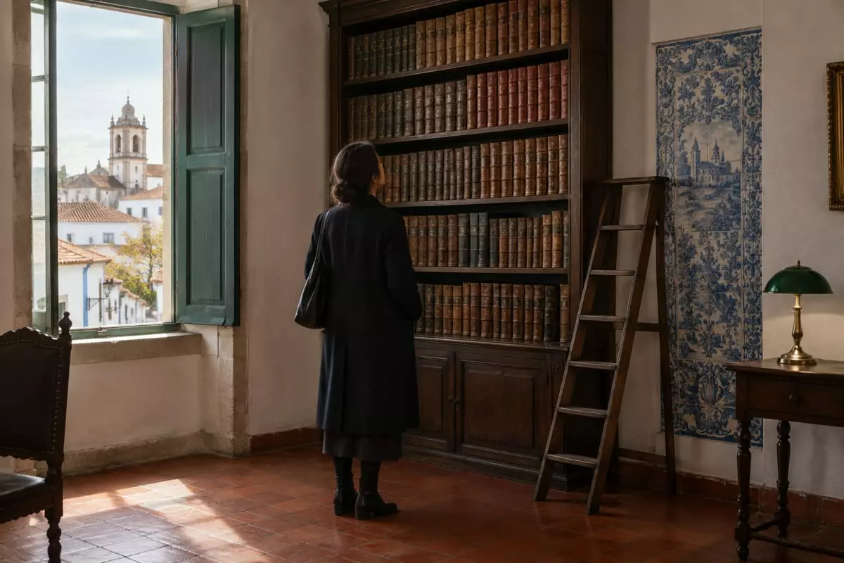 A person in a dark coat standing with their back three-quarters to the camera at mid-distance in a notary's office in a small Portuguese town, looking up at a tall dark wooden shelf of leather-bound deed volumes, a wooden step ladder beside it, a green-shaded brass lamp on a side table and a tall shuttered window with soft autumn light (illustration)