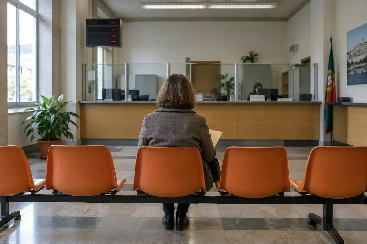 A woman in her fifties in a wool coat seated with her back to the camera at mid-distance in a small Portuguese tax office waiting room, a row of orange plastic chairs, a paper folder held on her lap, a ticket display on the wall with no readable figures, a service counter behind her and autumn daylight through a tall window (illustration)