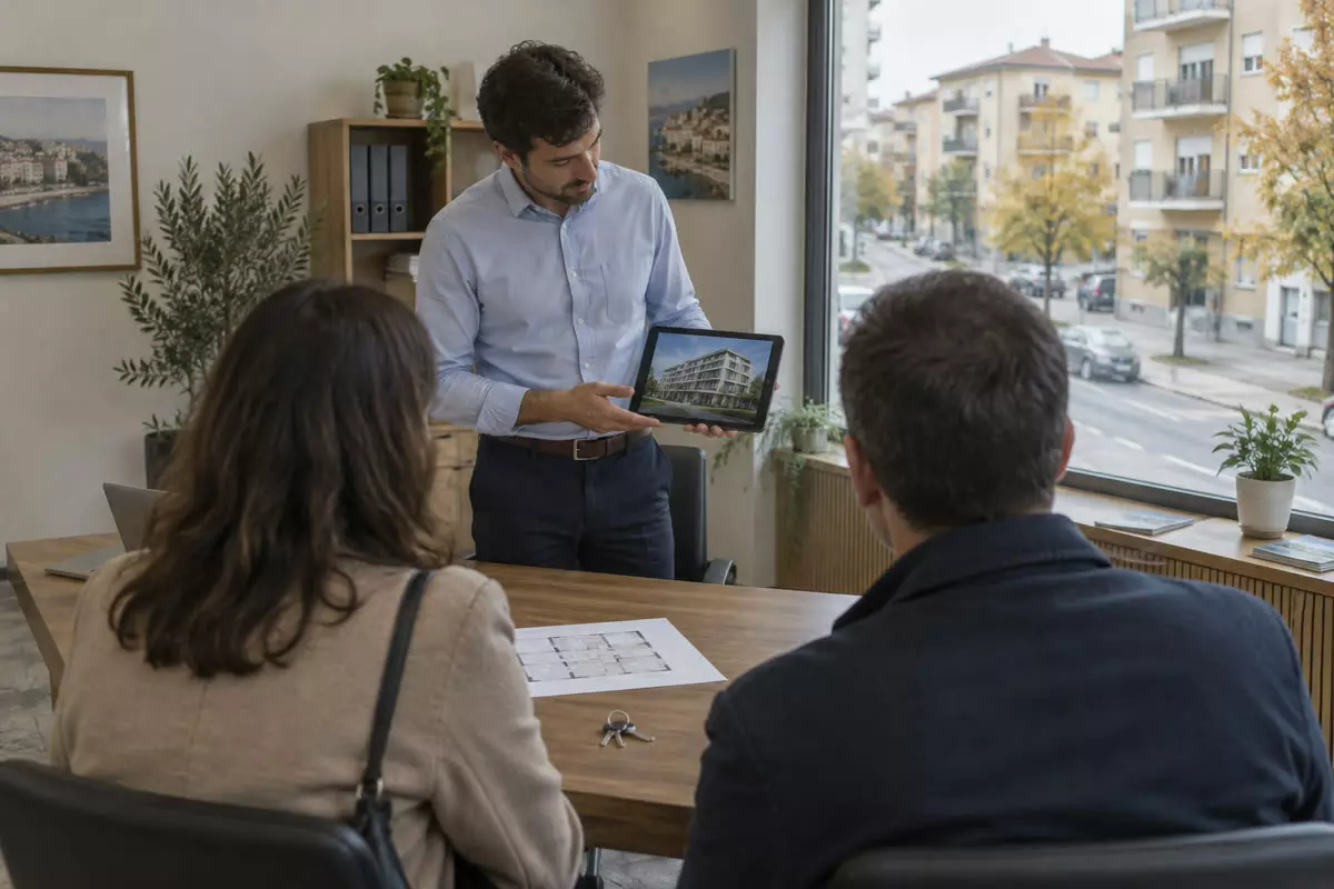 An estate agent at mid-distance showing two buyers a tablet with a building schedule on a table in a bright office, a printed floor plan and a set of keys beside it, autumn light through the window (illustration)