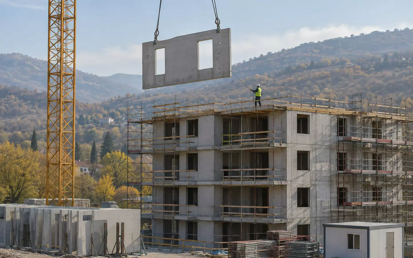 A tower crane lifting a prefabricated wall panel over a half-built apartment block in a southern European city in autumn, a rigger guiding the load at mid-distance, scaffolding and stacked panels below, no readable signage (illustration)