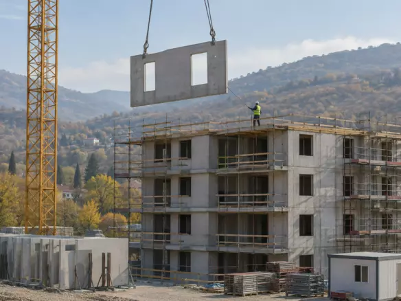 A tower crane lifting a prefabricated wall panel over a half-built apartment block in a southern European city in autumn, a rigger guiding the load at mid-distance, scaffolding and stacked panels below, no readable signage (illustration)