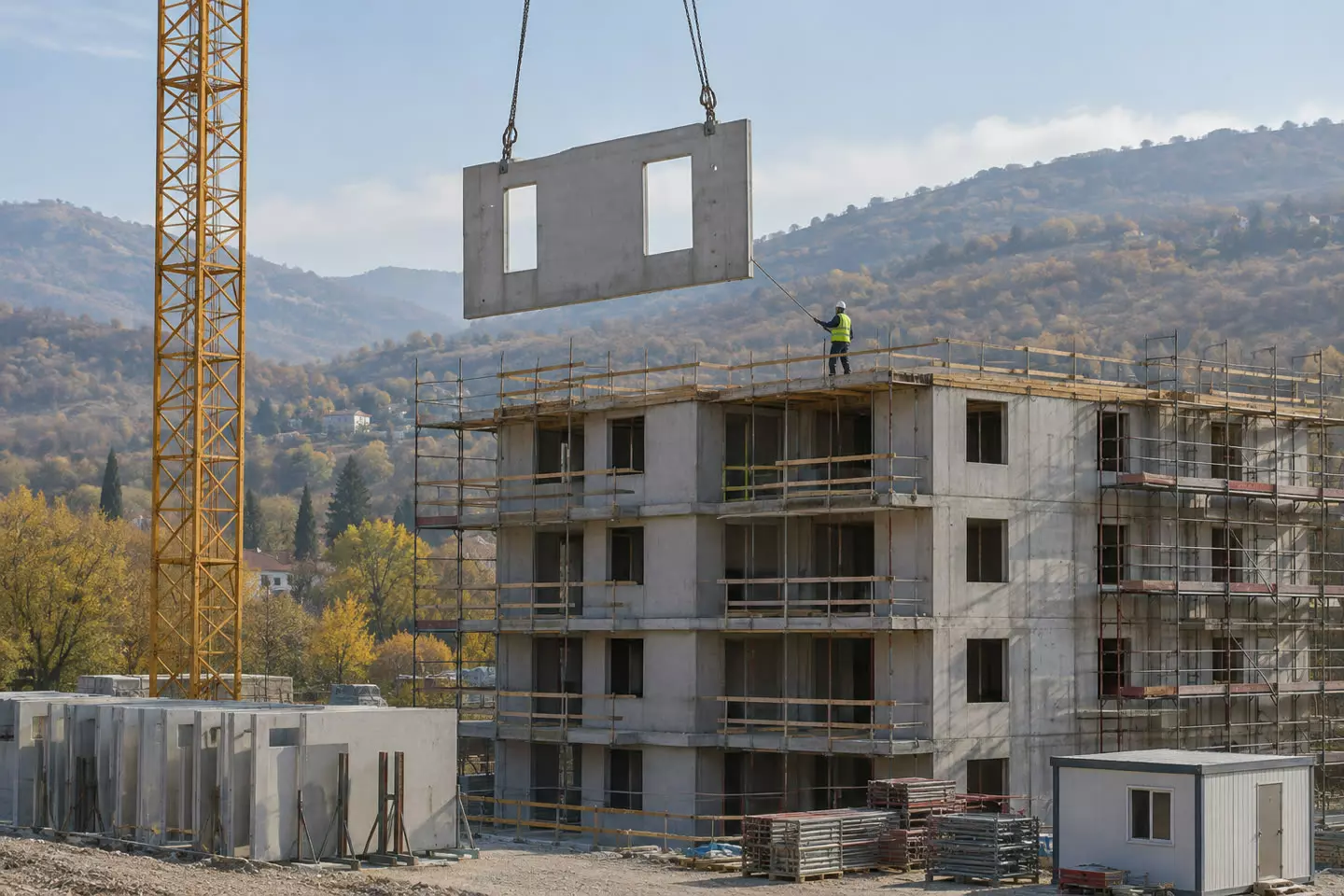 A tower crane lifting a prefabricated wall panel over a half-built apartment block in a southern European city in autumn, a rigger guiding the load at mid-distance, scaffolding and stacked panels below, no readable signage (illustration)
