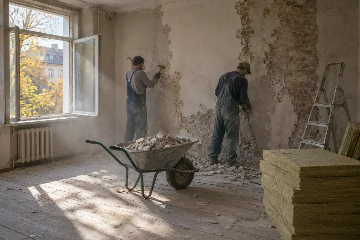 Two workers in dust sheets and masks stripping plaster from a wall inside an empty apartment being renovated in autumn, a wheelbarrow and stacked insulation boards beside them, a window open onto a quiet street (illustration)
