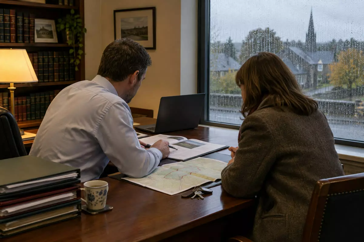 A solicitor and a client seen from behind and to the side across a wooden desk in an Irish office, a land map with a red boundary and a set of keys between them, a laptop turned away from the camera, rain on the window behind (illustration)
