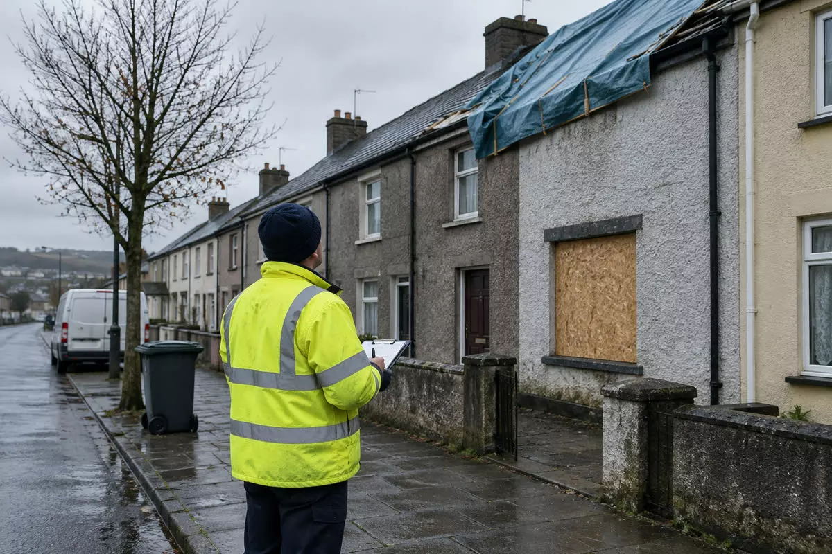 A local authority surveyor in a high-visibility jacket and a dark beanie seen from behind on a wet narrow street, clipboard held in front of him, facing a terraced house with a boarded window and a blue tarpaulin over part of the roof, a parked van and wheelie bin further along, grey autumn light (illustration)