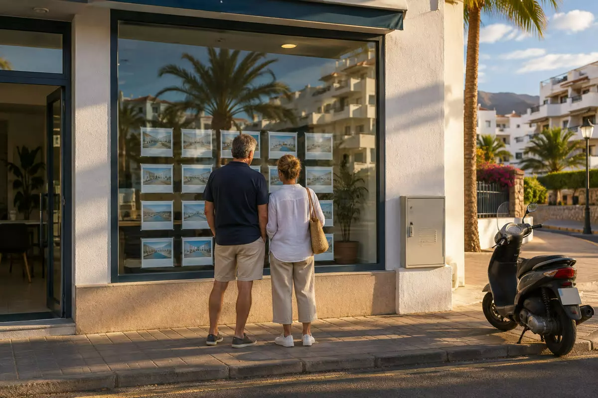 A couple seen from behind on the pavement outside a small estate agency in a Canary Island resort town, reading the property sheets taped inside the window, white apartment blocks and a palm tree reflected in the glass, parked scooter at the kerb, warm late October light (illustration)