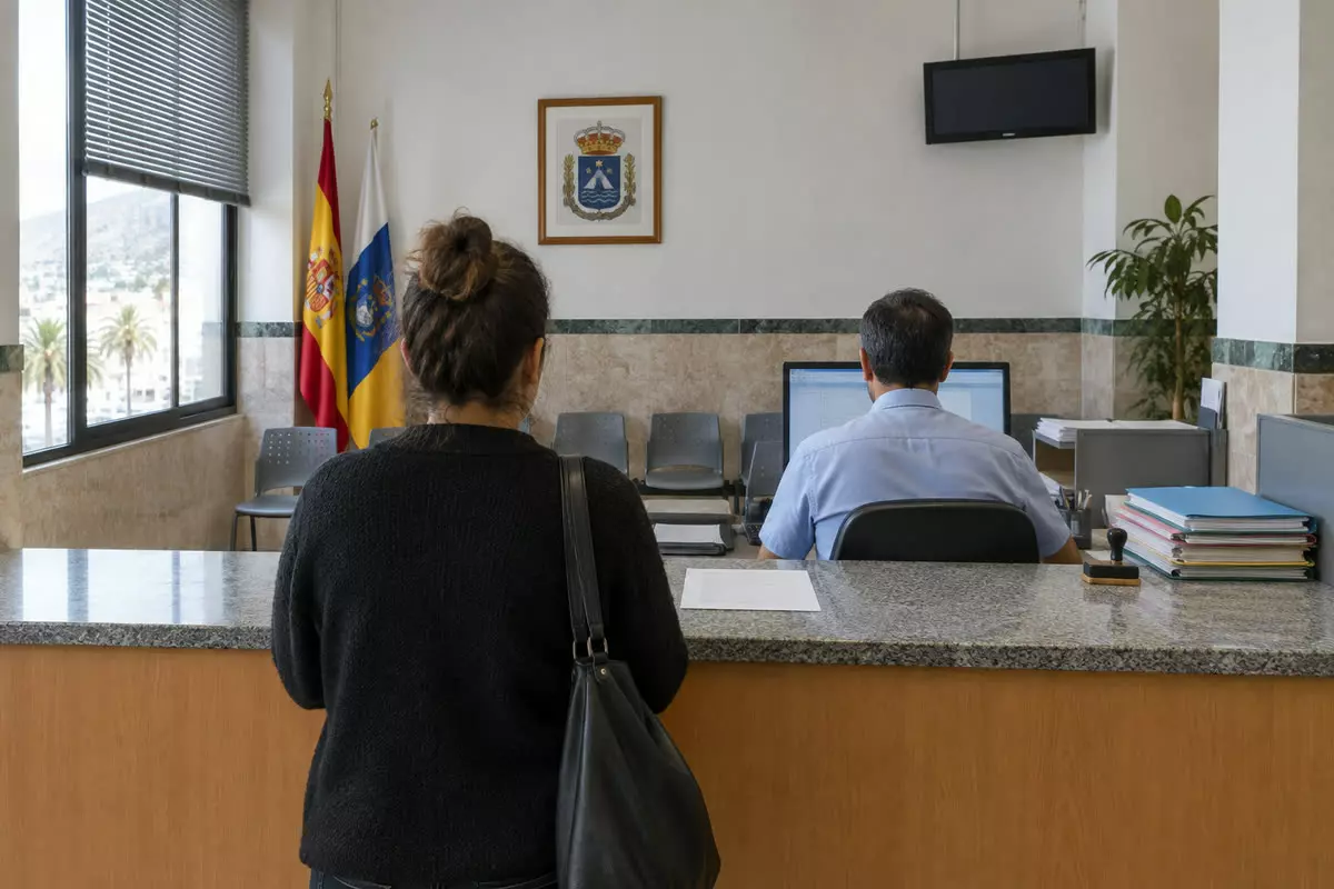 Two people on either side of a municipal registry counter in a modest Canary Island town hall, the visitor seen from behind at mid-distance, a printed certificate lying on the counter between them, a computer screen turned away, folders stacked at the clerk's elbow, daylight from a tall window (illustration)