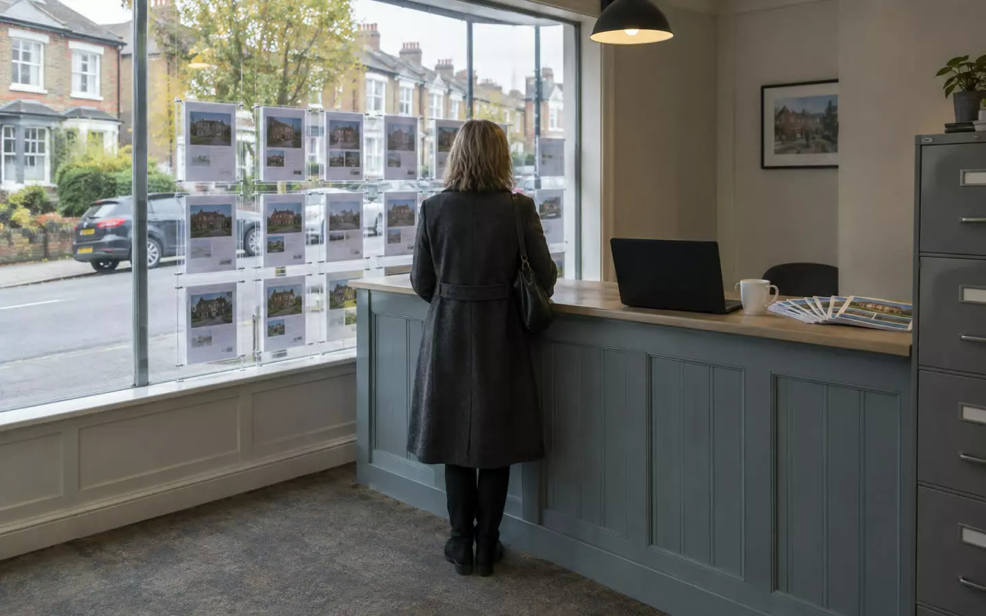 A woman in her fifties in a wool coat standing at a desk in a British high street estate agency, seen from behind at mid-distance, a window of property details in front of her, a laptop and a cup on the desk, grey October daylight through the glass (illustration)