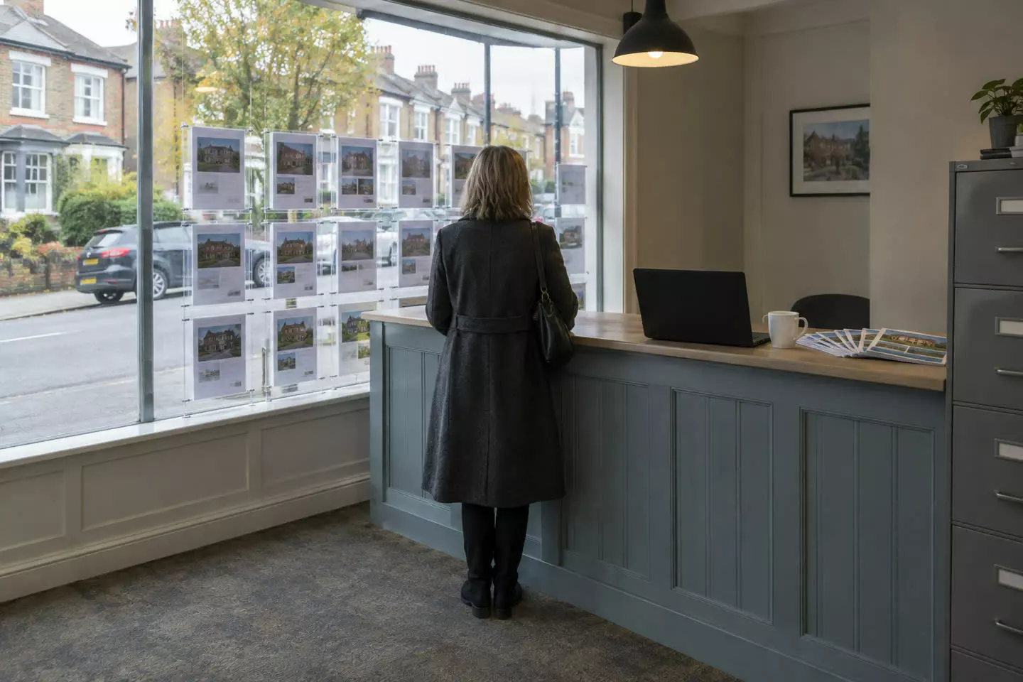 A woman in her fifties in a wool coat standing at a desk in a British high street estate agency, seen from behind at mid-distance, a window of property details in front of her, a laptop and a cup on the desk, grey October daylight through the glass (illustration)