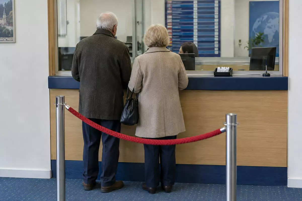 A couple seen from behind at a currency exchange counter in a high street bank branch, a printed rate board behind the glass with no readable lettering, a receipt tray and a counter screen in front of them, a red rope queue barrier behind, flat October daylight from the shop window (illustration)