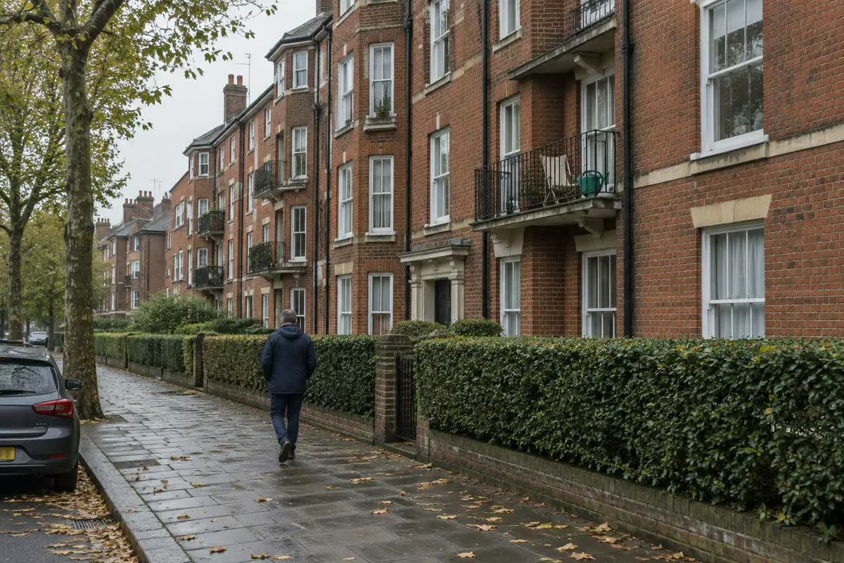A row of 1930s brick mansion blocks in south London seen from the pavement at an angle, sash windows and iron balconies, one balcony holding a folded canvas chair and a green watering can, a man in a navy rain jacket walking past with his back to the camera at mid-distance, damp paving and fallen plane leaves, soft grey October light (illustration)
