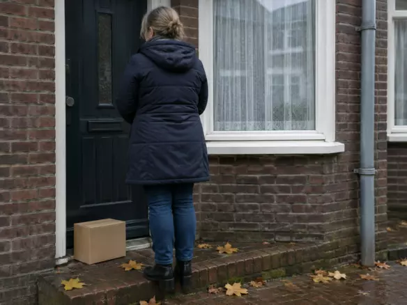 A woman in her fifties in a padded coat standing on the doorstep of a 1930s Dutch brick terraced house, seen from behind at mid-distance, a cardboard box at her feet, a bay window with net curtains, wet brick paving and fallen plane leaves, flat grey October light (illustration)