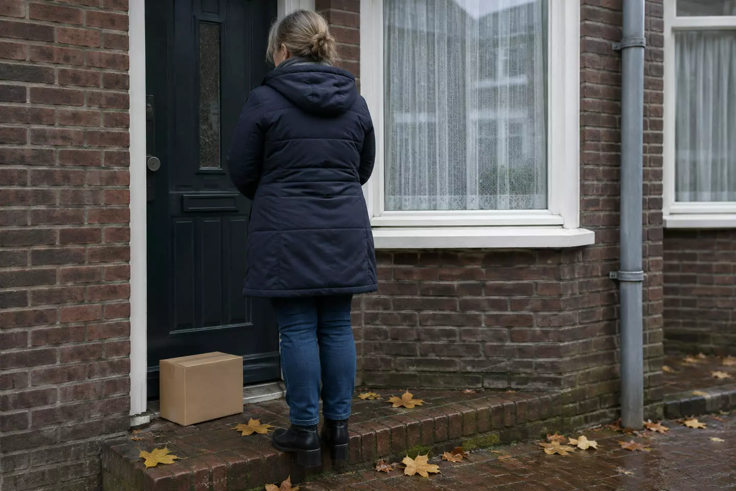 A woman in her fifties in a padded coat standing on the doorstep of a 1930s Dutch brick terraced house, seen from behind at mid-distance, a cardboard box at her feet, a bay window with net curtains, wet brick paving and fallen plane leaves, flat grey October light (illustration)